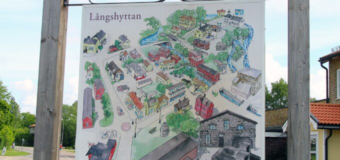 Skylt som visar en illustration av centrala Långshyttan