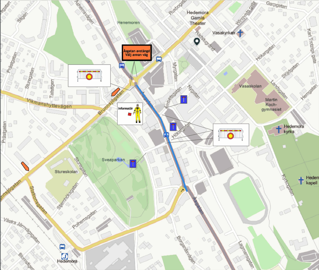 Karta över Hedemora centrum med markeringar för vägarbete. 