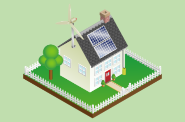 En illustration på ett hus med solceller på taket och ett vindkraftverk som sticker upp genom taket.