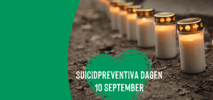 Bild med gravljus. På bilden ligger ett grönt hjärta med texten suicidpreventiva dagen 10 september.