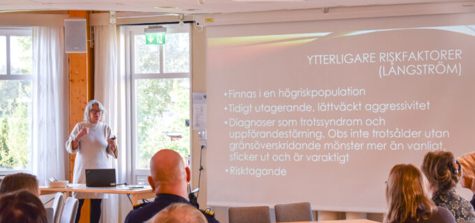 En föreläsare som står framför en lyssnande publik.