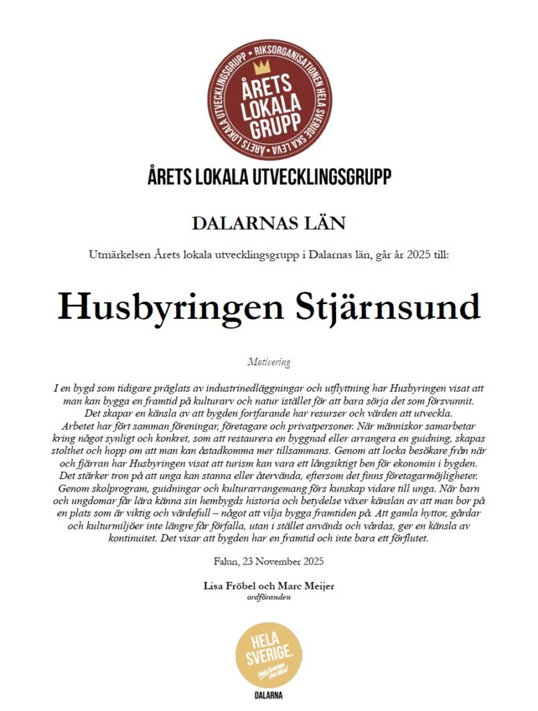 Husbyringens diplom för årets lokala utvecklingsgrupp