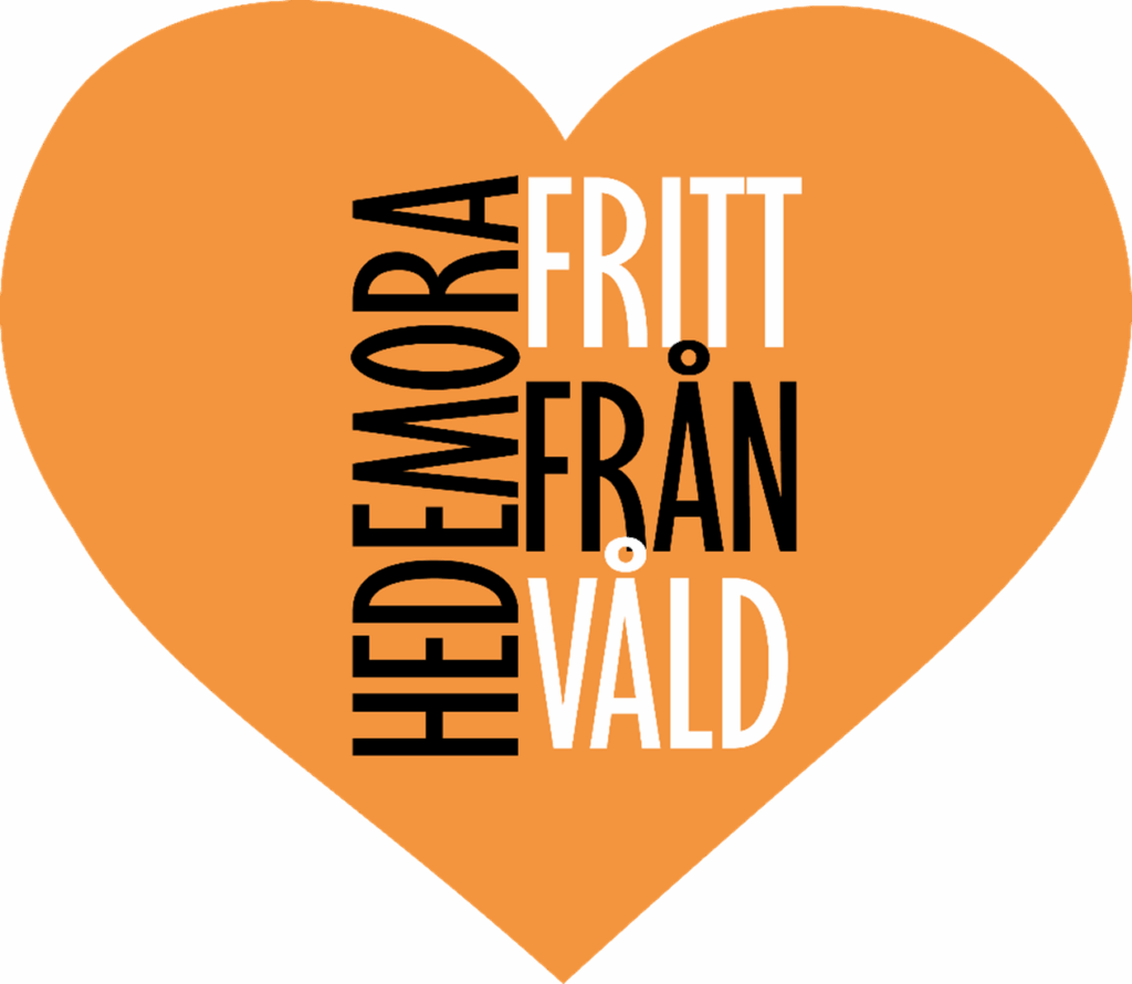 Orange hjärta med texten 'Hedemora fritt från våld' i svart och vitt