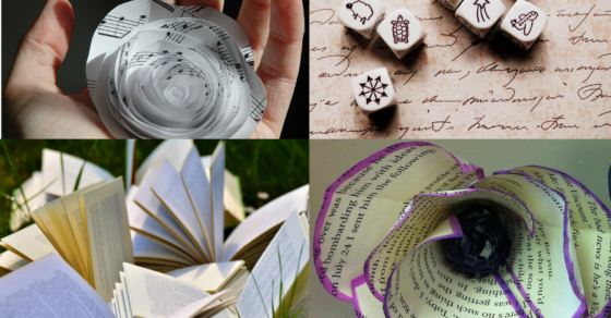 Collage av pappersblomma, tärningar och uppslagna böcker