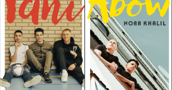 Bilden till vänster, tre ungdomar sitter på golvet. Till höger, två ungdomar lutar sig över en balkong. Böckerna titel i röd och gul text.