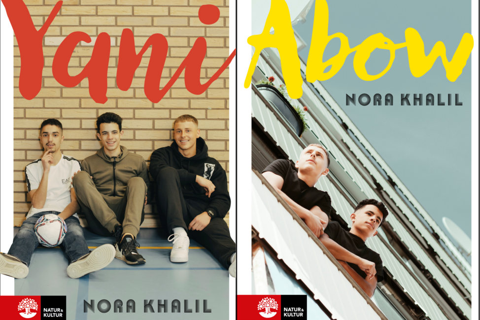 Bilden till vänster, tre ungdomar sitter på golvet. Till höger, två ungdomar lutar sig över en balkong. Böckerna titel i röd och gul text.