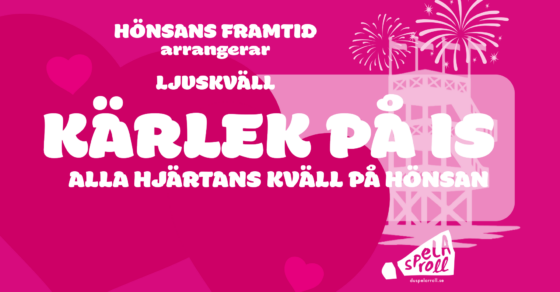 En rosa bild med texten Kärlek på is. Illustration av hopptornet i sjön Hönsan och hjärtan.