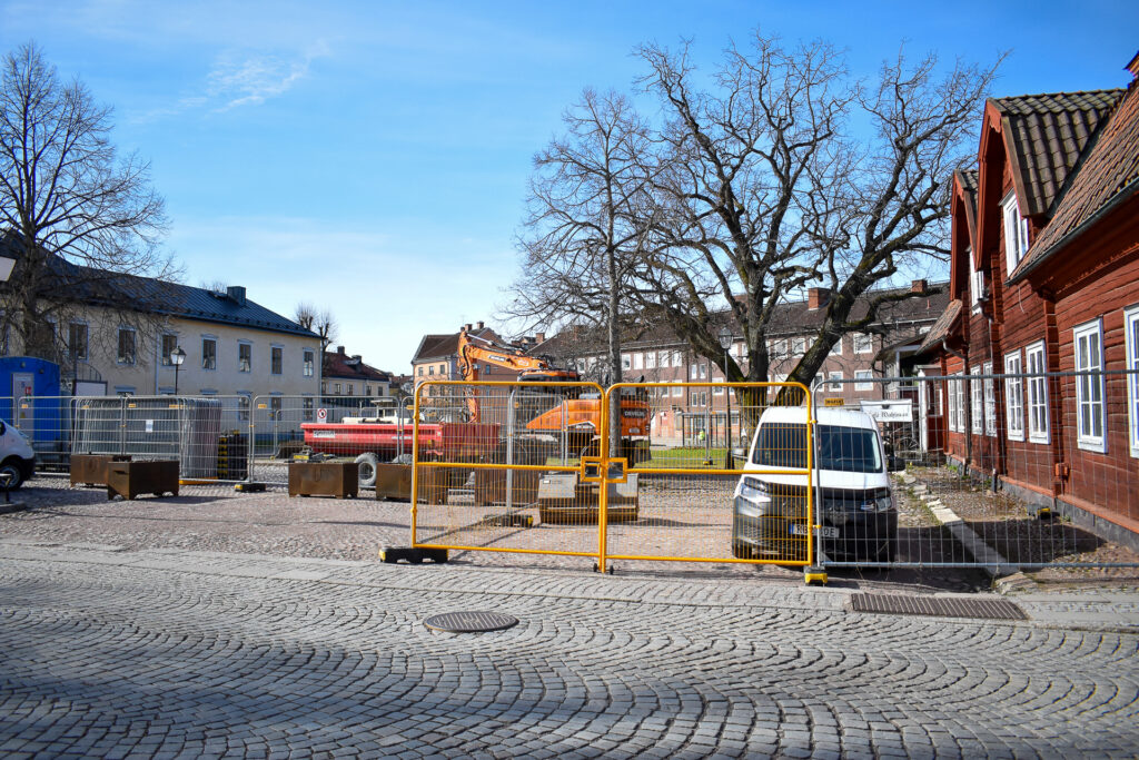 Arbetsområdet vid Stora torget sett gatan.