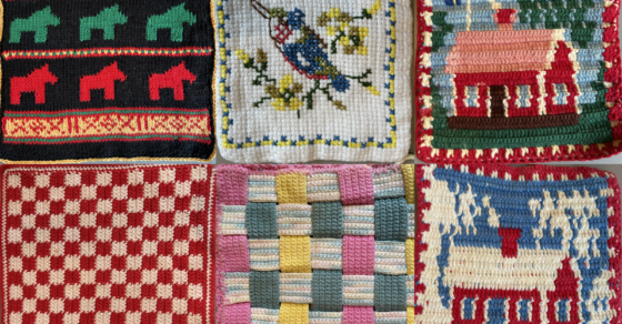 Collage av olika grytlappar i olika färger och mönster