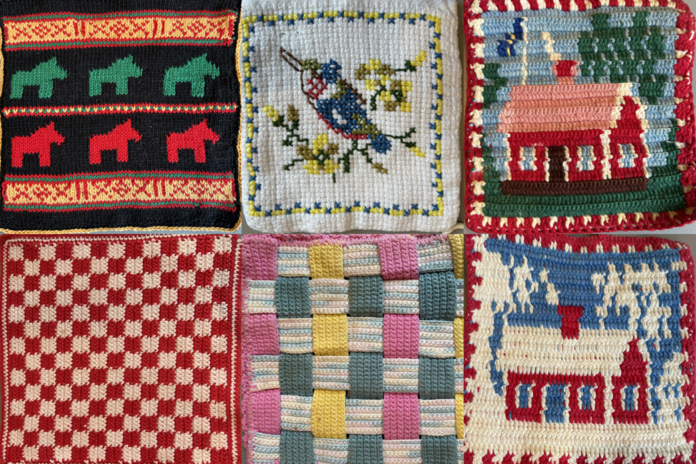 Collage av olika grytlappar i olika färger och mönster