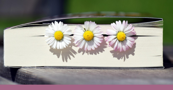 Tre vita blommor ligger i en bok