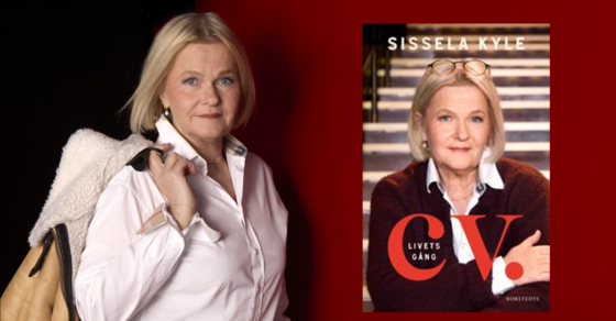 En kvinna i vit skjorta mot svart och röd bakgrund. Till vänster ett bokomslag.