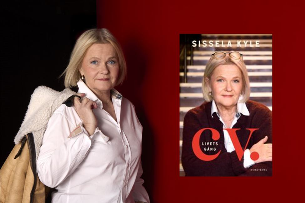 En kvinna i vit skjorta mot svart och röd bakgrund. Till vänster ett bokomslag.