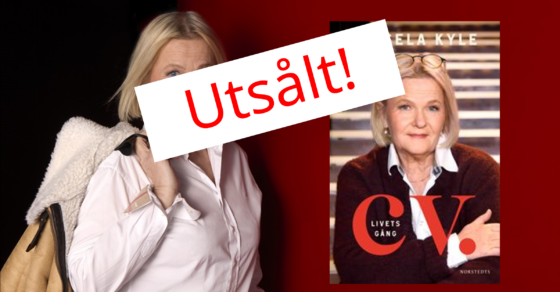 En kvinna i vit skjorta mot svart och röd bakgrund. Till vänster ett bokomslag.