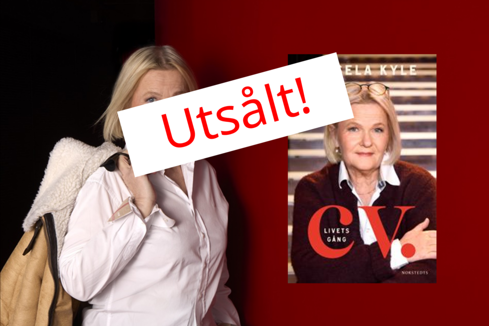 En kvinna i vit skjorta mot svart och röd bakgrund. Till vänster ett bokomslag.