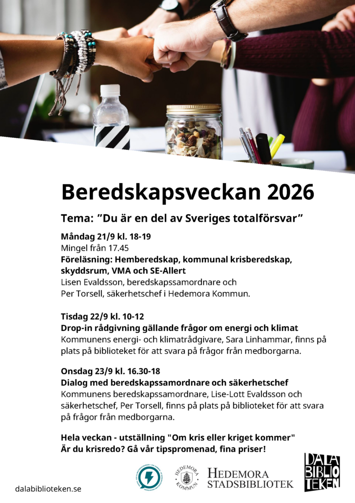 Affisch om aktiviteter på biblioteket under beredskapsveckan.