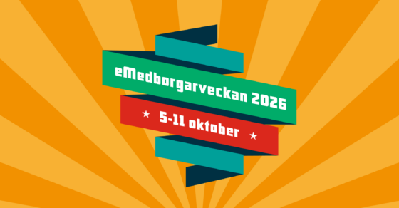 En spiral i färgerna grönt och rött med texten e-medborgarveckan 2026 5-11 oktober. Orange bakgrund.