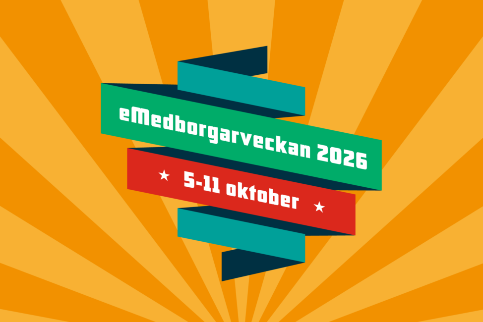 En spiral i färgerna grönt och rött med texten e-medborgarveckan 2026 5-11 oktober. Orange bakgrund.