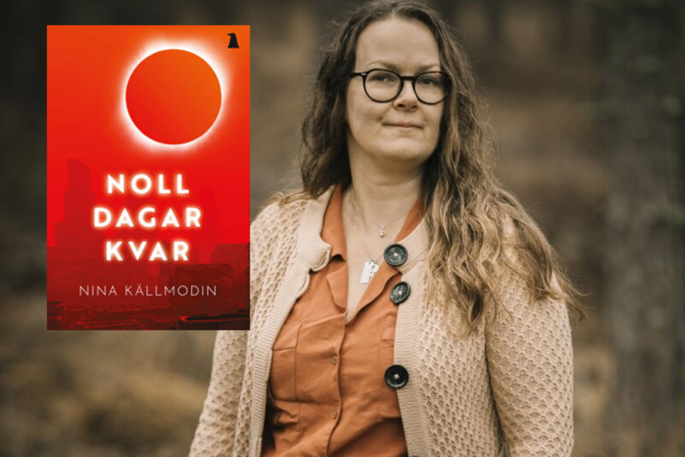 Till vänster ett bokomslag med titeln Noll dagar kvar, till höger en kvinna i långt hår och glasögon. Kvinnan bär en rosa kofta och svarta byxor.